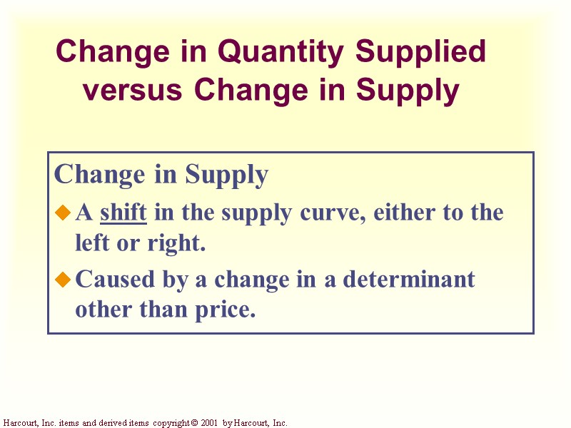 Change in Quantity Supplied versus Change in Supply Change in Supply A shift in